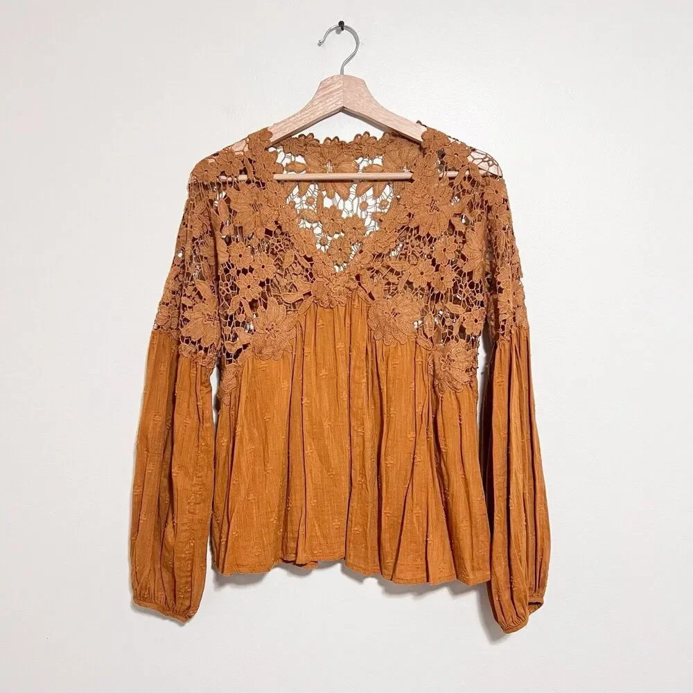 Free People Lina Lace Top Bronze XS Crochet Boho Romantic Long Sleeve Blouse